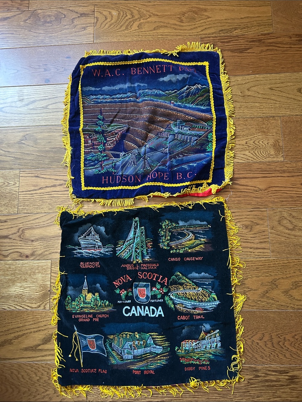 Vintage Canadian Souvenir Pillow Covers - Navy & Gold Fringe (2)